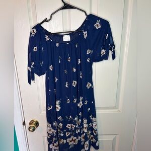 Sirenlily Blue Floral Chiffon Shift Dress Tie Ruffle Scoop Neck Short Sleeve S